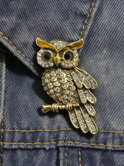 Vintage Owl Brooch With Blue Rhinestones, Crystal Bird Brooch Suitable For Women, Gold Enamel Animal Brooch, Elegant Halloween, Party And Daily Wear Jewelry, Suitable For Hats, Scarves, Shawls, Sweaters And Cardigans