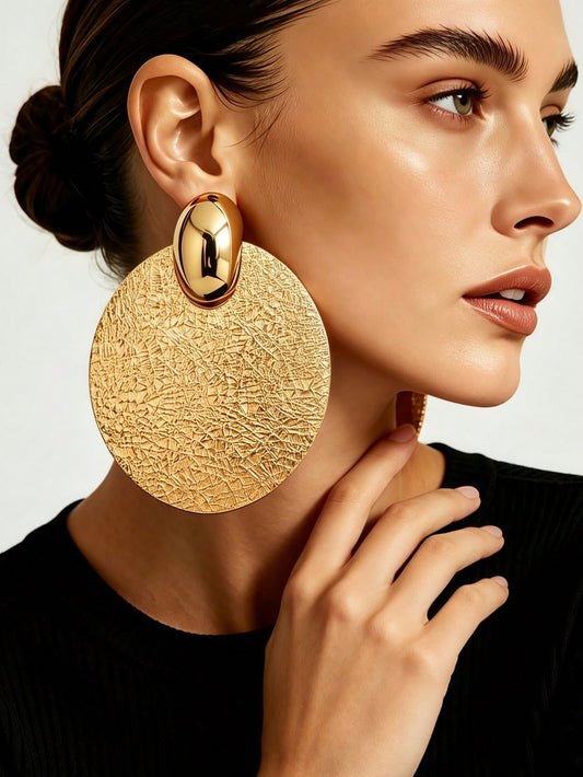 1 Pair Women's Vintage European & American Style Round Bead Stud Earrings With Cracked Texture Large Round Disc Double Layer Dangle Earrings, Vintage Cracked Texture Rough Warm Gold Earrings, Suitable For Party, Vacation Wear