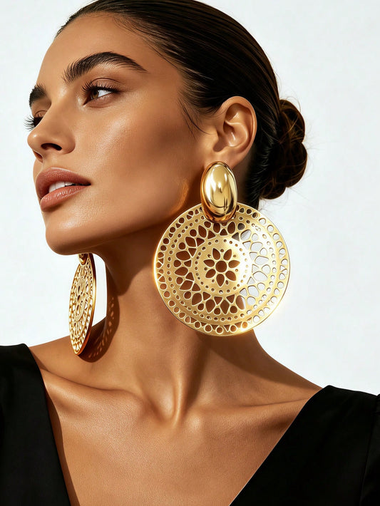 1 Pair Women's Vintage European & American Style Gold Hollow Floral Large Disc Dangle Earrings, Oversized Spiral Grooved Radial Ring Texture Dangle Earrings, Suitable For Party, Vacation, Banquet Wear
