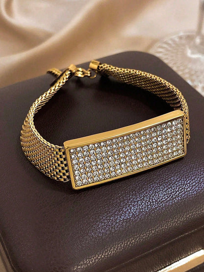 Luxury Vintage Woven Stainless Steel Zirconia and Diamond Bracelet for Women and Men, Gold Jewelry, for Parties and Daily Use, Christmas/Y2k/Halloween Gift