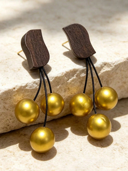 1 Pair European & American Fashion Design Wooden Gold Bead Exaggerated Tassel Earrings, French Vintage Stud Earrings, Antique Wooden Bird Earrings For Women