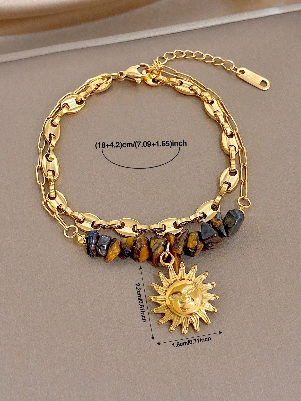 Pulsera gruesa de acero inoxidable con cuentas de piedra natural ojo de tigre y dije de sol, estilo vintage boho, joyería dorada para mujer, para fiesta, uso diario, Navidad/Rave/Otoño/Halloween