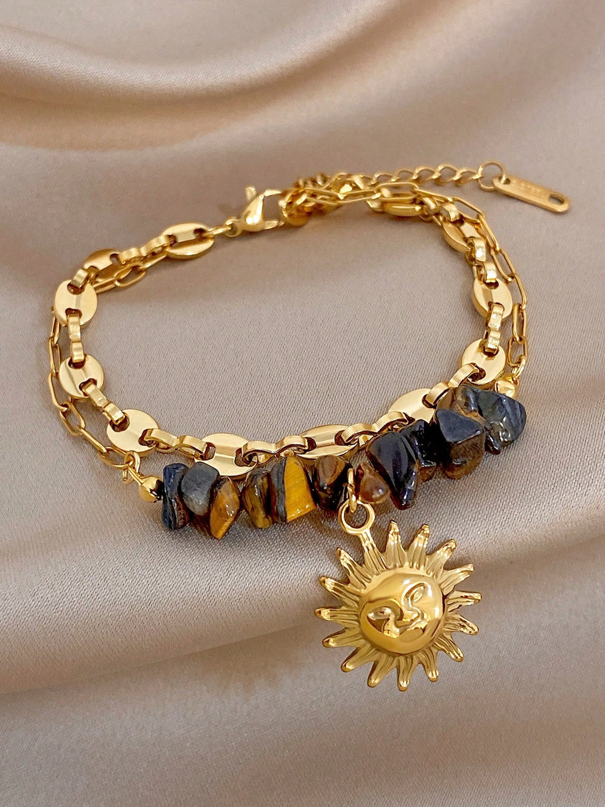 Pulsera gruesa de acero inoxidable con cuentas de piedra natural ojo de tigre y dije de sol, estilo vintage boho, joyería dorada para mujer, para fiesta, uso diario, Navidad/Rave/Otoño/Halloween
