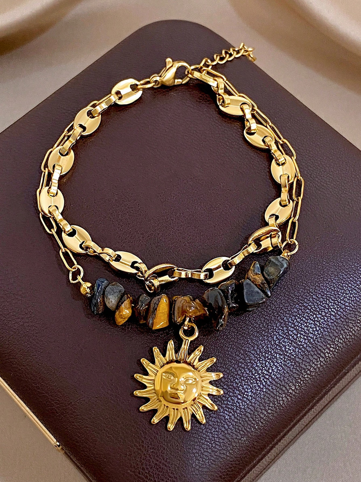 Pulsera gruesa de acero inoxidable con cuentas de piedra natural ojo de tigre y dije de sol, estilo vintage boho, joyería dorada para mujer, para fiesta, uso diario, Navidad/Rave/Otoño/Halloween