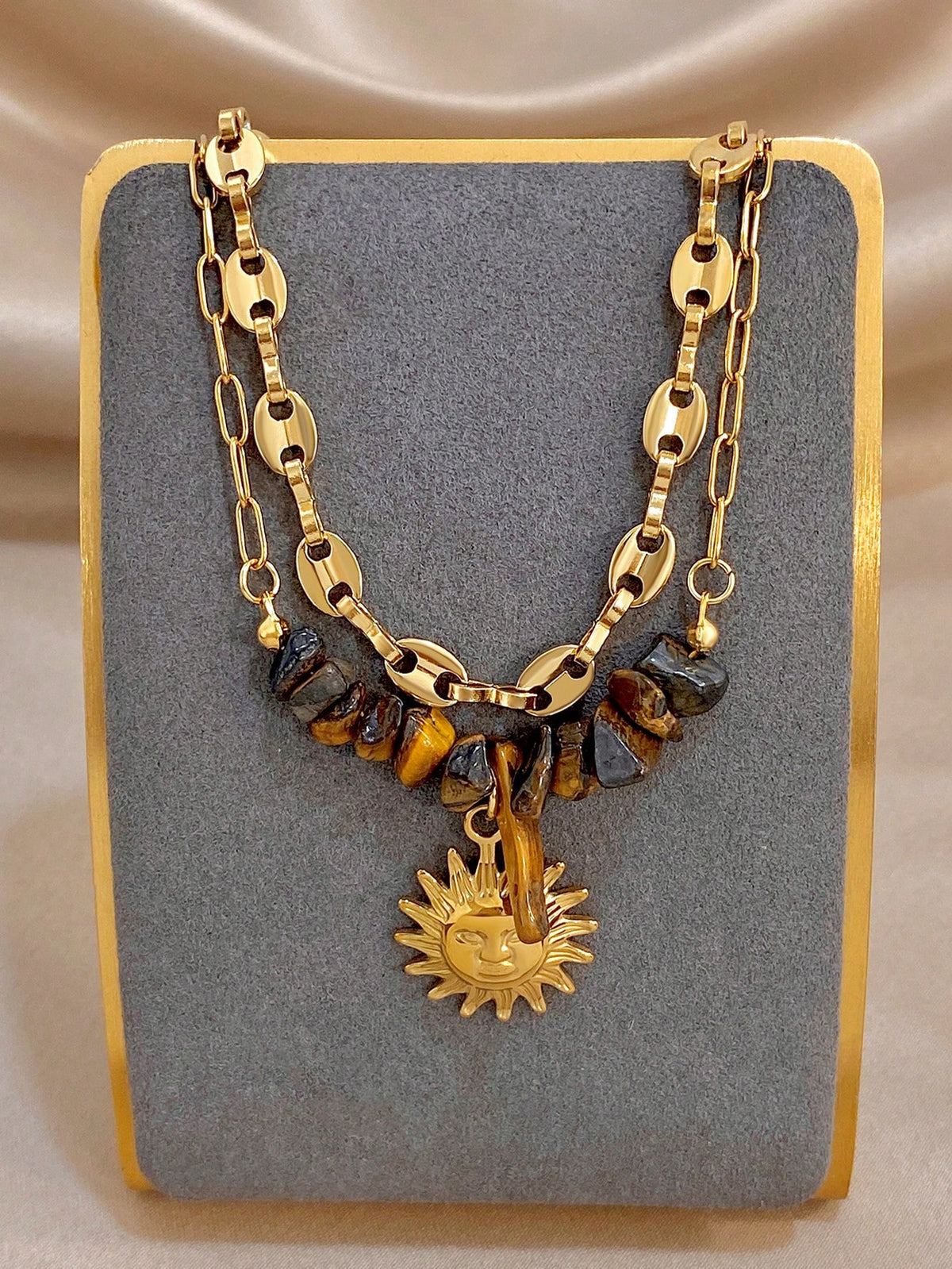 Pulsera gruesa de acero inoxidable con cuentas de piedra natural ojo de tigre y dije de sol, estilo vintage boho, joyería dorada para mujer, para fiesta, uso diario, Navidad/Rave/Otoño/Halloween