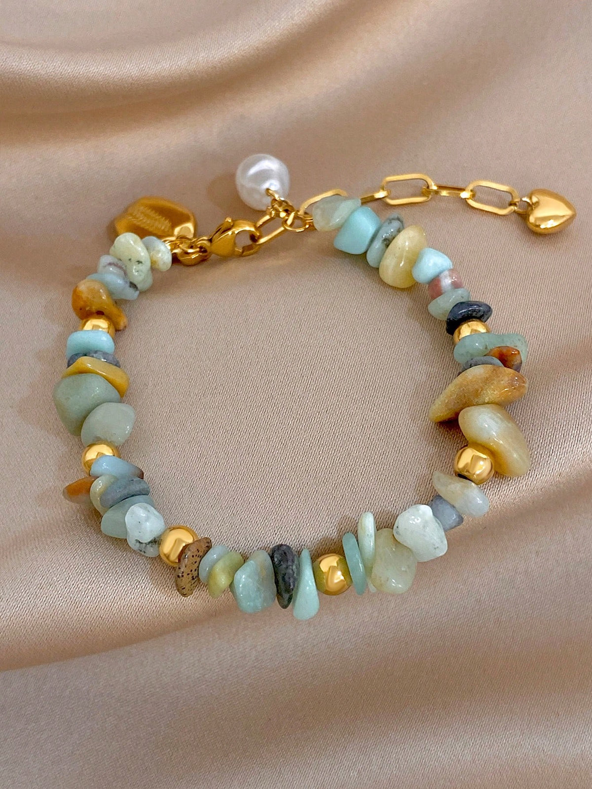 1Pc Natural Stone Beads Mixed Gemstone Stainless Steel Chain Bracelet,Boho Gold Jewelry For Women,Party,Daily,Christmas/ Birthday Gift/Fall/Halloween
