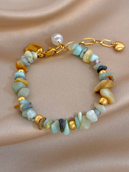 1Pc Natural Stone Beads Mixed Gemstone Stainless Steel Chain Bracelet,Boho Gold Jewelry For Women,Party,Daily,Christmas/ Birthday Gift/Fall/Halloween
