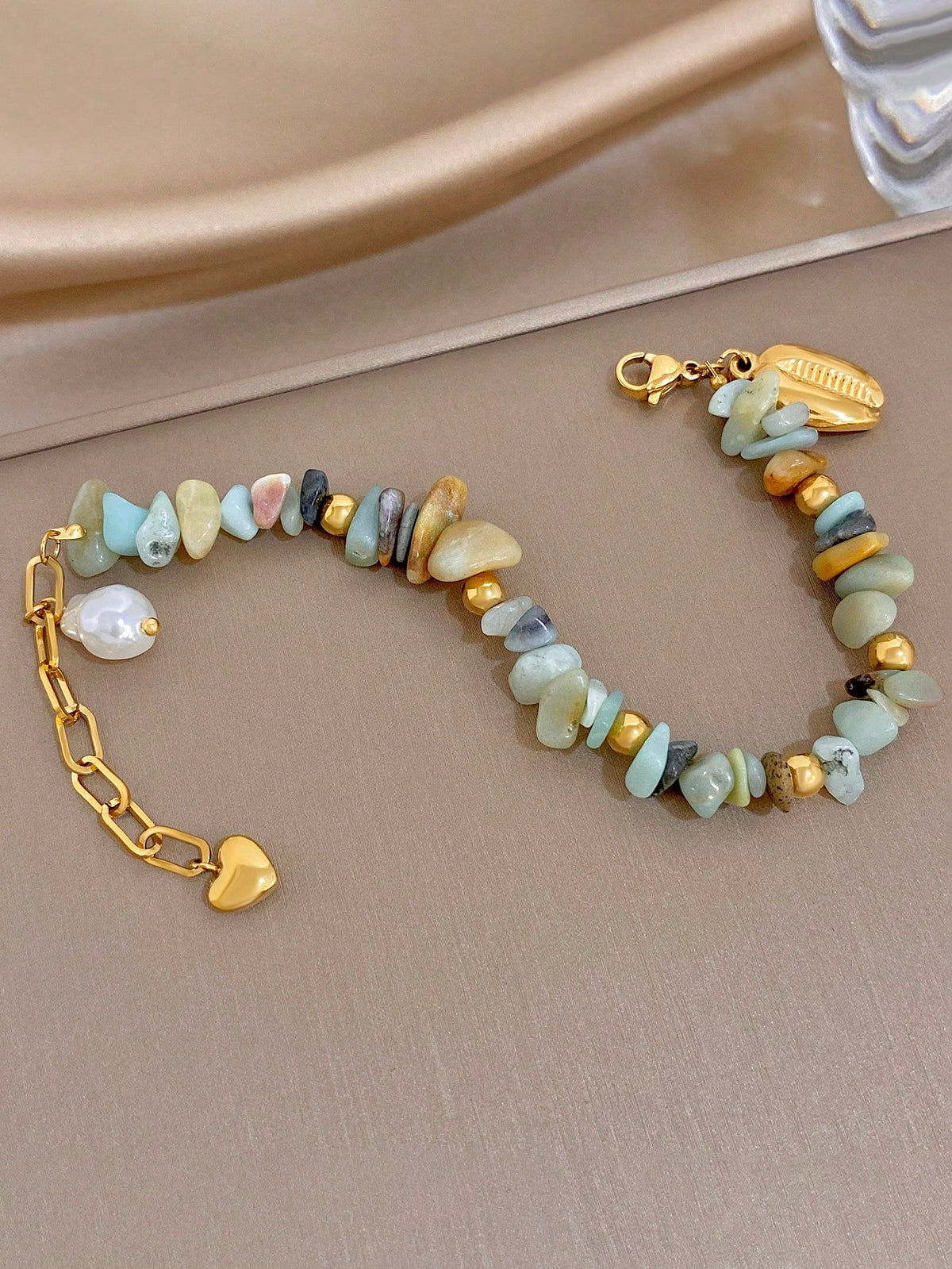 1Pc Natural Stone Beads Mixed Gemstone Stainless Steel Chain Bracelet,Boho Gold Jewelry For Women,Party,Daily,Christmas/ Birthday Gift/Fall/Halloween