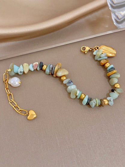 1Pc Natural Stone Beads Mixed Gemstone Stainless Steel Chain Bracelet,Boho Gold Jewelry For Women,Party,Daily,Christmas/ Birthday Gift/Fall/Halloween