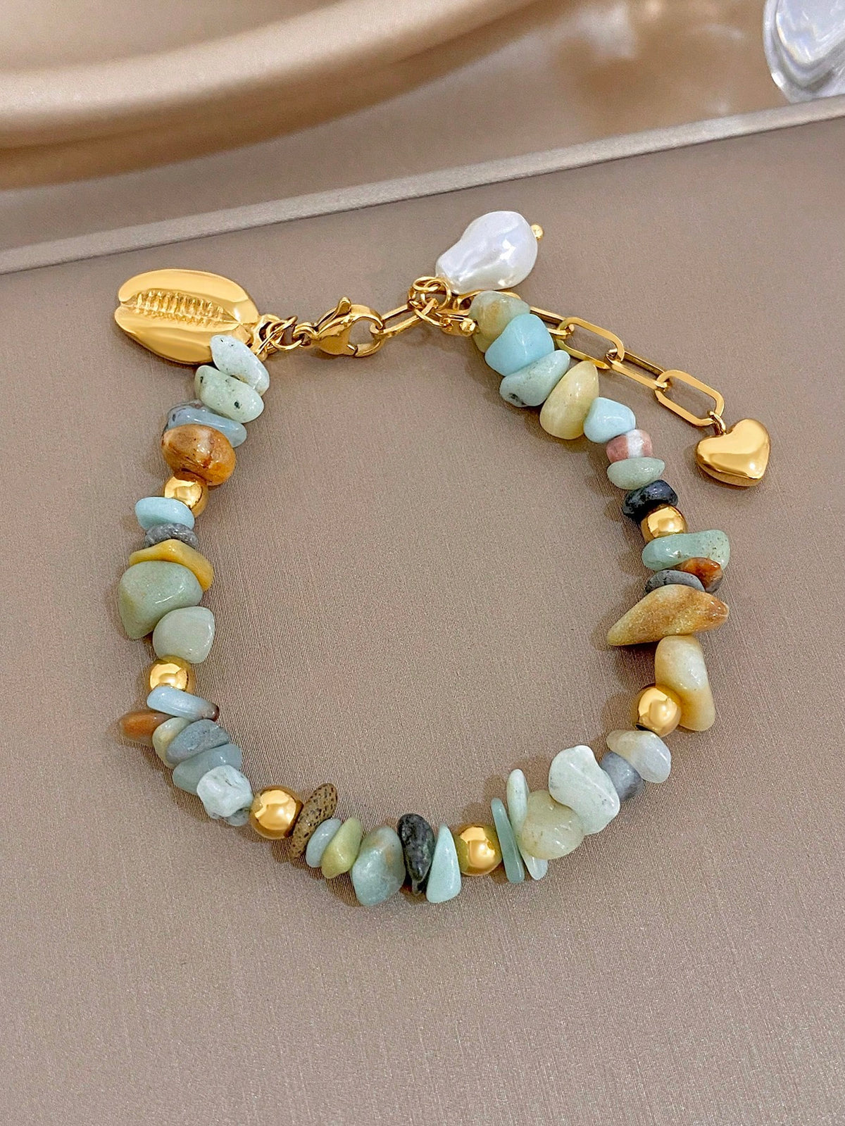 1Pc Natural Stone Beads Mixed Gemstone Stainless Steel Chain Bracelet,Boho Gold Jewelry For Women,Party,Daily,Christmas/ Birthday Gift/Fall/Halloween