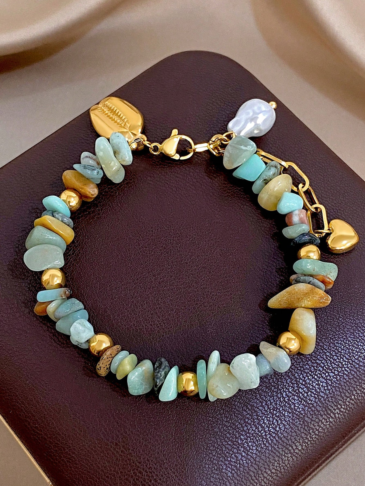 1Pc Natural Stone Beads Mixed Gemstone Stainless Steel Chain Bracelet,Boho Gold Jewelry For Women,Party,Daily,Christmas/ Birthday Gift/Fall/Halloween
