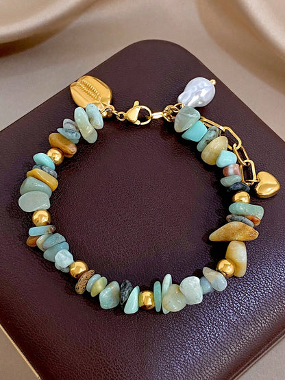 1Pc Natural Stone Beads Mixed Gemstone Stainless Steel Chain Bracelet,Boho Gold Jewelry For Women,Party,Daily,Christmas/ Birthday Gift/Fall/Halloween
