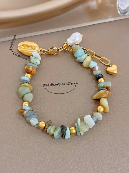 1Pc Natural Stone Beads Mixed Gemstone Stainless Steel Chain Bracelet,Boho Gold Jewelry For Women,Party,Daily,Christmas/ Birthday Gift/Fall/Halloween