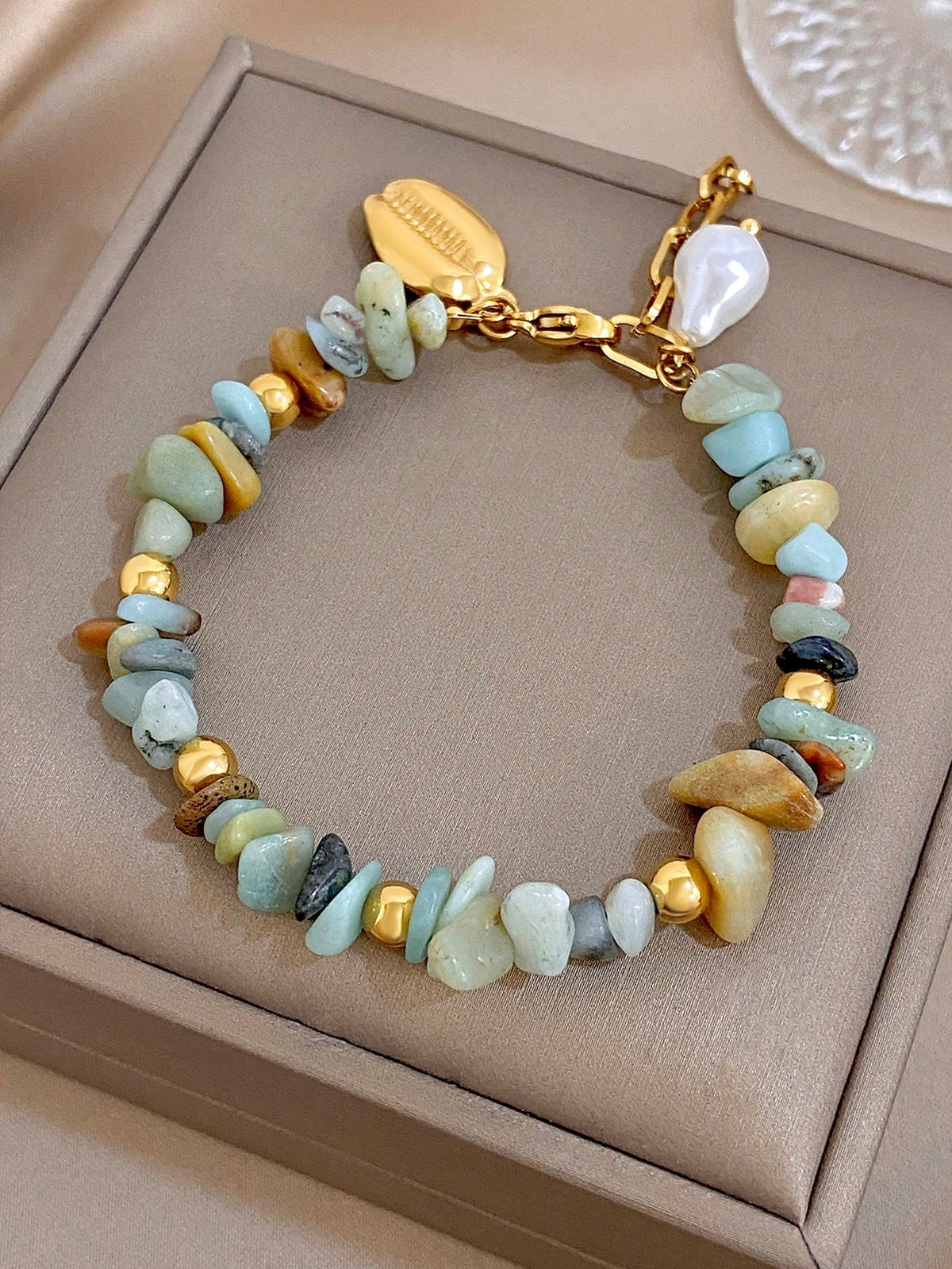 1Pc Natural Stone Beads Mixed Gemstone Stainless Steel Chain Bracelet,Boho Gold Jewelry For Women,Party,Daily,Christmas/ Birthday Gift/Fall/Halloween