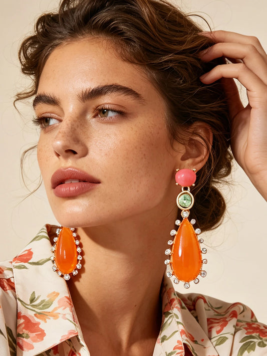 1 Pair Vintage Contrast Color Teardrop Geometric Resin Rhinestone Earrings, Luxury Elegant Daily Commute Exquisite Women's Earrings