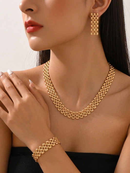 Juego de 3 piezas de joyería de estilo europeo y americano minimalista elegante de metal, collar, pendientes y pulsera para mujer, cadena de eslabones cubanos vintage bohemio francés de alta gama con cierre, accesorios versátiles de lujo sencillo para uso diario, fiesta de noche y temporada de bodas en Oriente Medio, regalo de joyería de diseño de nicho elegante