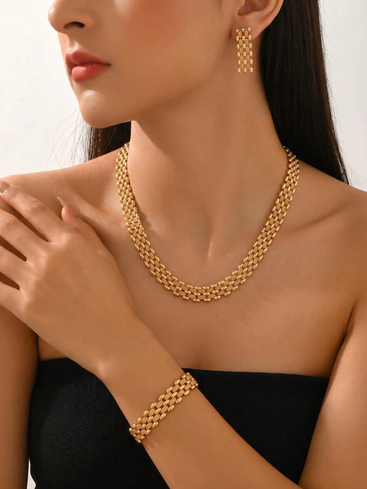 Juego de 3 piezas de joyería de estilo europeo y americano minimalista elegante de metal, collar, pendientes y pulsera para mujer, cadena de eslabones cubanos vintage bohemio francés de alta gama con cierre, accesorios versátiles de lujo sencillo para uso diario, fiesta de noche y temporada de bodas en Oriente Medio, regalo de joyería de diseño de nicho elegante