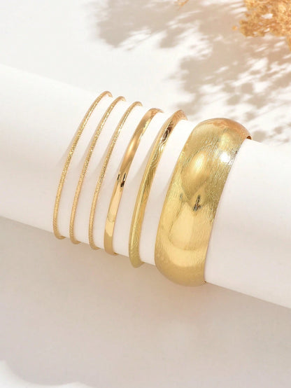 1 Set Fashionable Personalized Exaggerated Minimalist Design Metal Texture Matte Finish Thin & Wide Bracelet Set Suitable For Women's Daily, Vacation And Party Wear