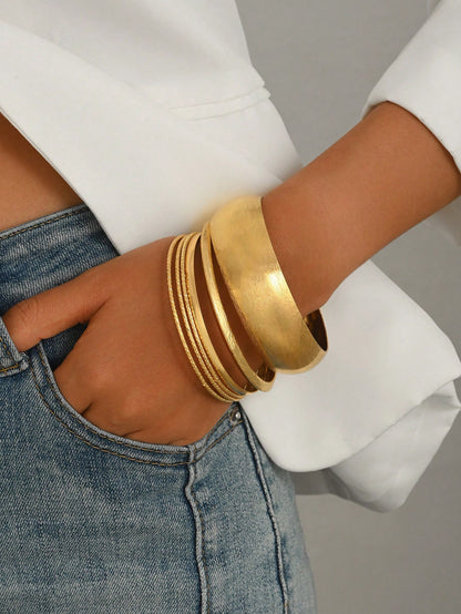 1 Set Fashionable Personalized Exaggerated Minimalist Design Metal Texture Matte Finish Thin & Wide Bracelet Set Suitable For Women's Daily, Vacation And Party Wear
