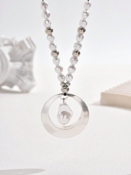 Bohemian Faux Baroque Pearl & Silver Ring Long Pendant Necklace – Cream Cord