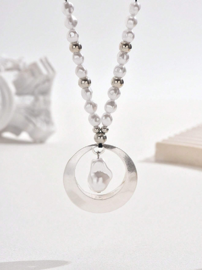 Bohemian Faux Baroque Pearl & Silver Ring Long Pendant Necklace – Cream Cord