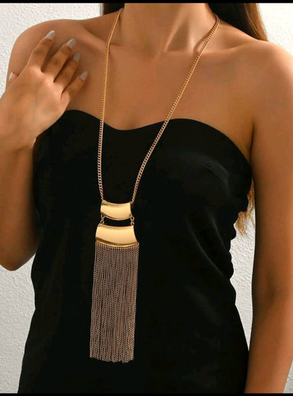 1pc Luxury Shiny Gold-Plated Tassel Long Necklace,