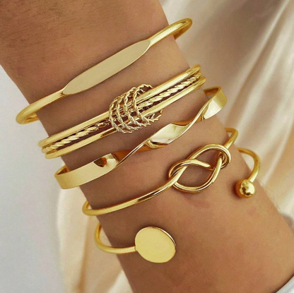Minimalist Gold Bangle Set – 5-Piece Stackable Knot & Twist Cuff Bracelets