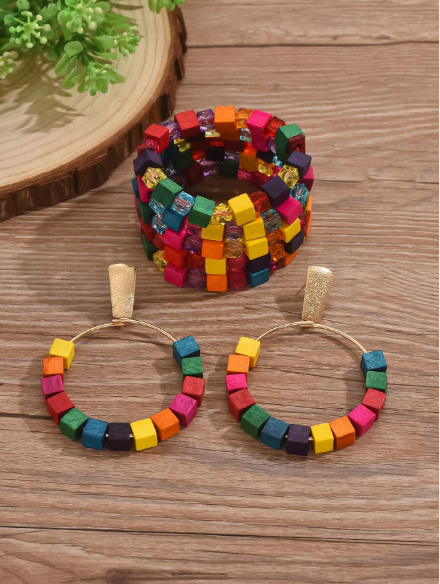3pcs Summer Boho Elegant Casual Colorful Wood Cube Women Jewelry Sets,