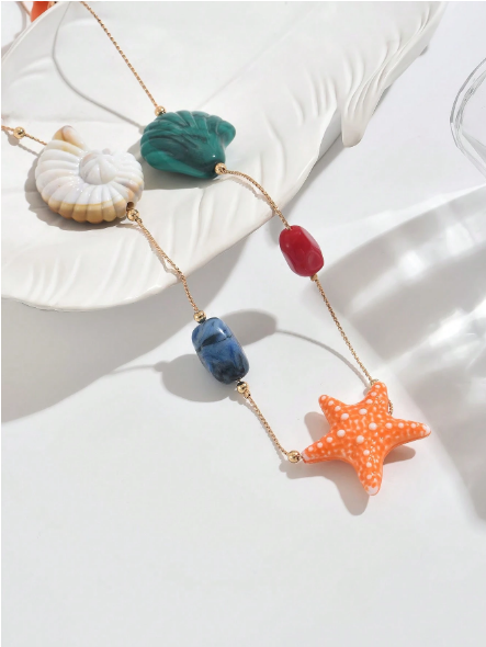 Boho Ocean Sea Shell & Starfish Beaded Long Chain Necklace