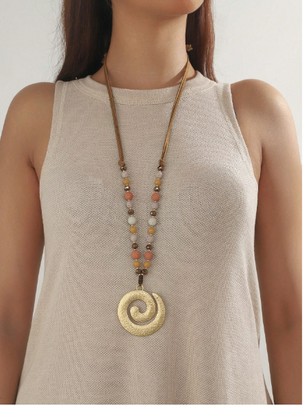 Boho Textured Gold Spiral Pendant Long Necklace – Beaded Cord Statement Jewelry