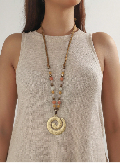 Boho Textured Gold Spiral Pendant Long Necklace – Beaded Cord Statement Jewelry