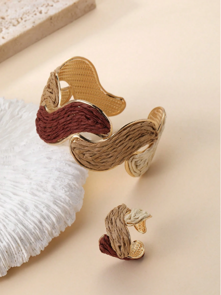 1pc Ins Vintage Earth Tone Twisted Straw Bracelet & Ring Set, 1pc Contrast Color Open Bangle