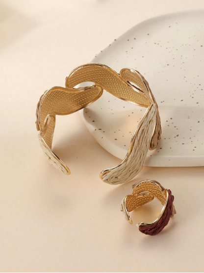 1pc Ins Vintage Earth Tone Twisted Straw Bracelet & Ring Set, 1pc Contrast Color Open Bangle