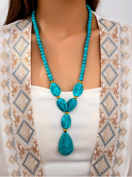 1pc Bohemian Vintage Faux Turquoise Bead Asymmetric Necklace For Women