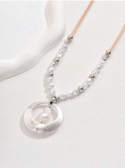 Bohemian Faux Baroque Pearl & Silver Ring Long Pendant Necklace – Cream Cord