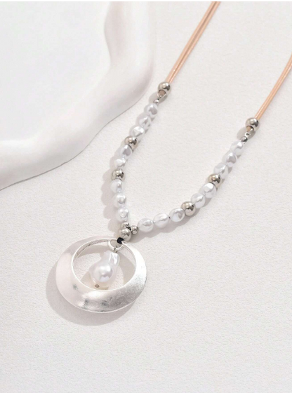 Bohemian Faux Baroque Pearl & Silver Ring Long Pendant Necklace – Cream Cord