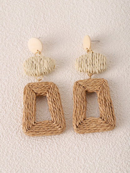 Boho Woven Straw Drop Earrings – Geometric Neutral Rattan Statement Earrings