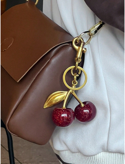 Sparkling Red Resin Cherry Keychain – Antique Gold Bag Charm & Keyring