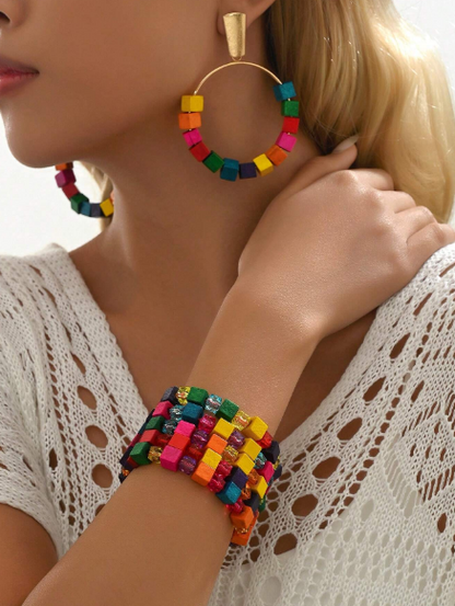 3pcs Summer Boho Elegant Casual Colorful Wood Cube Women Jewelry Sets,