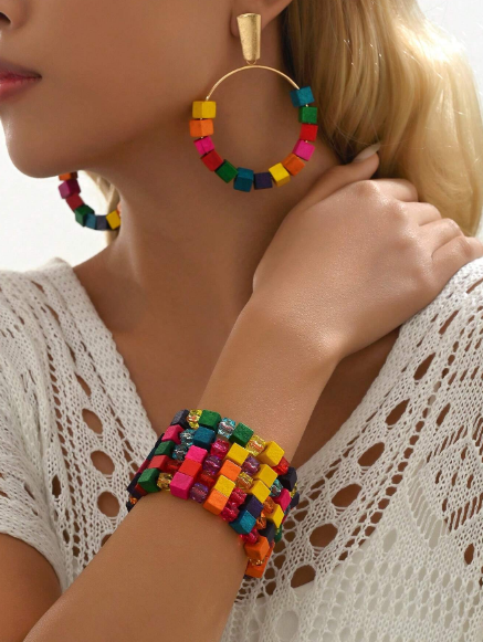 3pcs Summer Boho Elegant Casual Colorful Wood Cube Women Jewelry Sets,