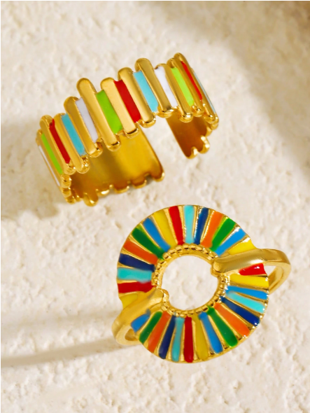 Boho Colorful Enamel Gold Ring Set – 2-Piece Adjustable Sunburst & Wide Band Rings