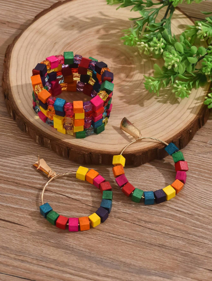 3pcs Summer Boho Elegant Casual Colorful Wood Cube Women Jewelry Sets,