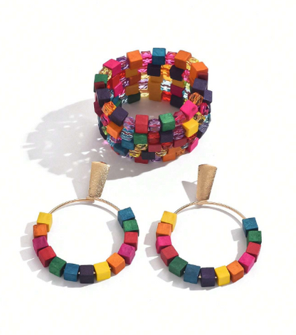 3pcs Summer Boho Elegant Casual Colorful Wood Cube Women Jewelry Sets,
