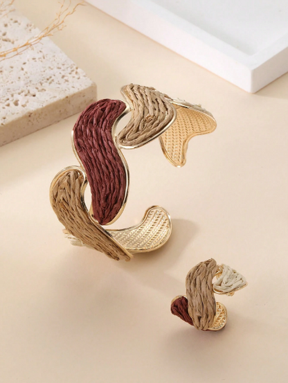 1pc Ins Vintage Earth Tone Twisted Straw Bracelet & Ring Set, 1pc Contrast Color Open Bangle