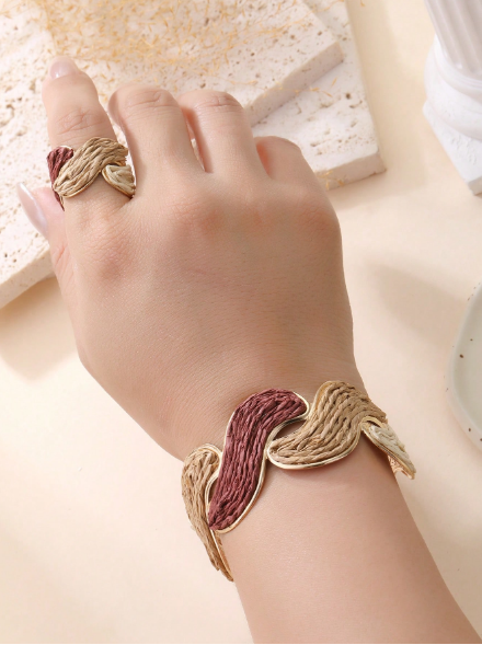 1pc Ins Vintage Earth Tone Twisted Straw Bracelet & Ring Set, 1pc Contrast Color Open Bangle