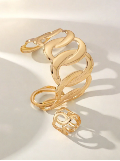 Chunky Gold Interlocking Link Cuff Bracelet & Ring Set – Openwork Statement Jewelry
