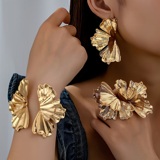 Shein 3pcs Set Exaggerated Big Maple Leaf Stud Earrings, Ring & Bracelet