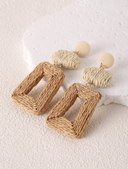 Boho Woven Straw Drop Earrings – Geometric Neutral Rattan Statement Earrings
