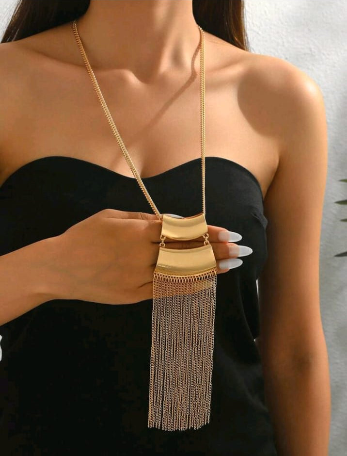 1pc Luxury Shiny Gold-Plated Tassel Long Necklace,