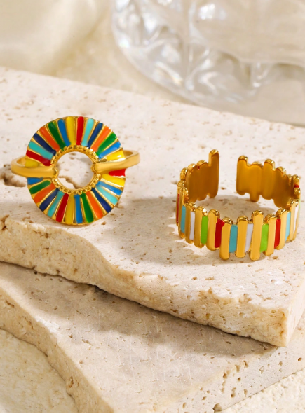 Boho Colorful Enamel Gold Ring Set – 2-Piece Adjustable Sunburst & Wide Band Rings